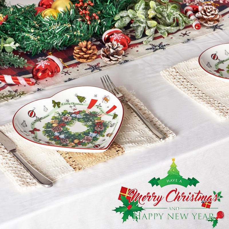 fMSDD 8 Inch Heart Shape Plate with Christmas Pattern, New Bone China for Serving Appetizer, Cake, Candy and Holiday Dish, for Holiday Table, Christmas Party or Festival Celebration, Set of 2, Green Wreath - Image 5